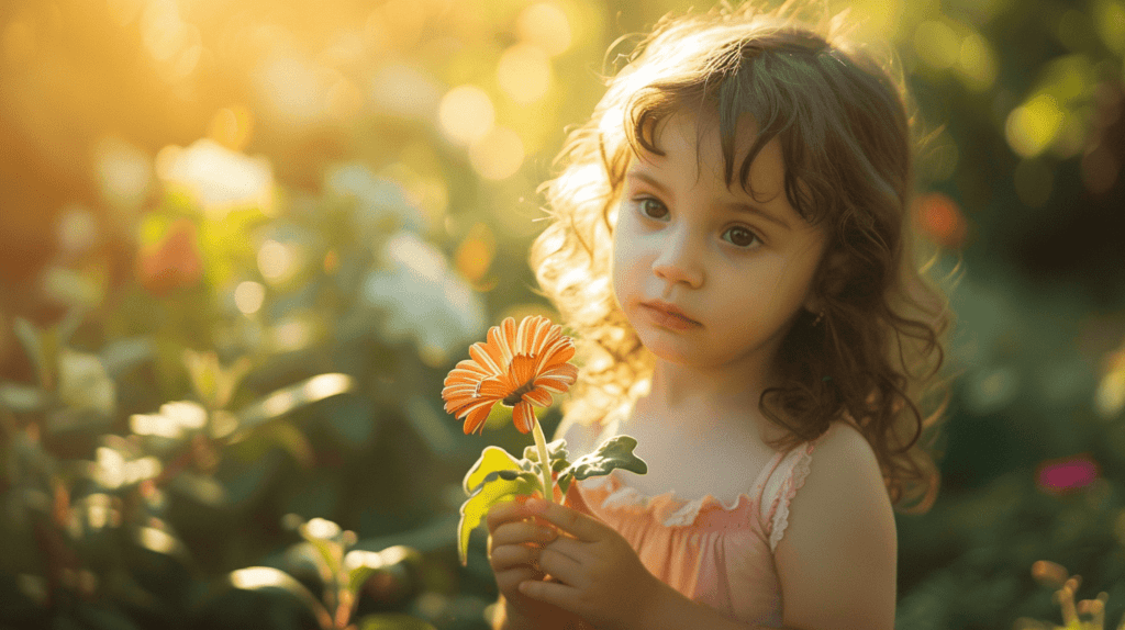 Ein kleines Kind, das in einem sonnenbeschienenen Garten eine verwelkte Blume hält und verwirrt dreinschaut, fängt die Unschuld der frühen Kindheit und die ersten Begegnungen mit dem Konzept des Verlusts ein, Fotografie, DSLR-Kamera mit einem 50-mm-Objektiv