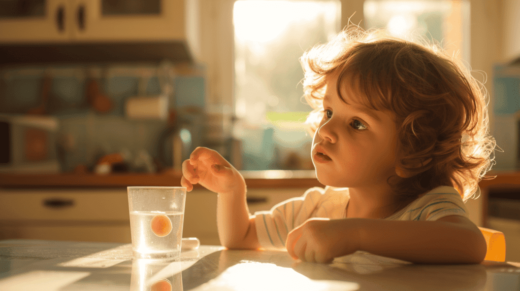 Ein Kind, das lernt, eine Pille zu schlucken, ein kleines Kind, das neugierig eine winzige Pille in der Hand betrachtet und sie mit einer Weintraube auf dem Tisch vergleicht, eine helle, sonnige Küchenumgebung mit einem Glas Wasser in der Nähe, Einfangen des Moments des Lernens und der Neugier, Fotografie, realistischer fotografischer Stil mit einer DSLR-Kamera, 50-mm-Objektiv, Blende f/1,8