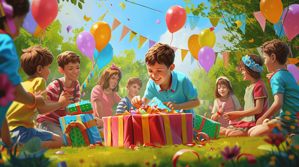 Ein Kind, das Aufmerksamkeit durch Geschenke erhält, eine Gruppe von Kindern auf einer Geburtstagsfeier, ein Kind, das ein Geschenk öffnet, umgeben von Gleichaltrigen, der Fokus auf dem freudigen Ausdruck des Kindes und den eifrigen Gesichtern der Freunde, ein Garten im Freien, der mit Luftballons und Luftschlangen geschmückt ist, die Atmosphäre ist festlich und erfüllt von Lachen, Illustration, digitale Kunst in leuchtenden Farben