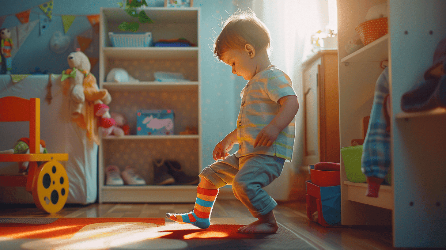 Ein Kleinkind versucht mit Fokus und Entschlossenheit, einen bunten Strumpf anzuziehen, steht in einem hell beleuchteten, gemütlichen Kinderzimmer. Das Zimmer ist mit weichen Spielzeugen, einem kleinen Kleiderschrank und kinderfreundlichen Möbeln gefüllt und unterstreicht die ersten Schritte des Kindes zur Unabhängigkeit. Fotografie, verwendet eine DSLR-Kamera mit einem 50-mm-Objektiv, erfasst den Moment mit natürlichem Licht und einer geringen Tiefenschärfe.