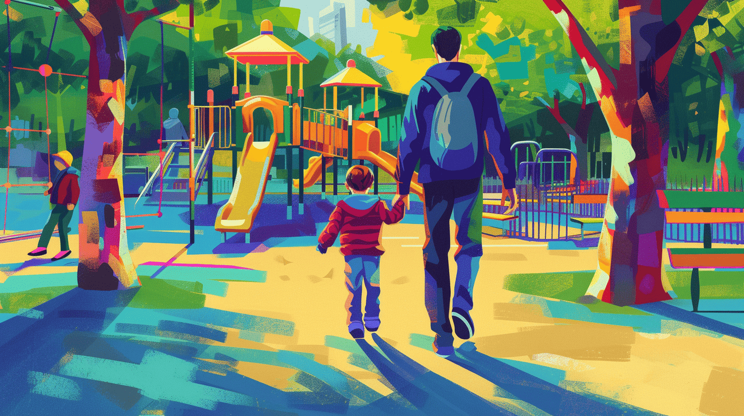 Ein Kleinkind geht selbstbewusst Hand in Hand mit einem Elternteil durch einen belebten Stadtpark, die Szene ist lebendig mit den Farben des Spielplatzes und des Grüns, die Atmosphäre ist lebhaft und erfüllt von den Klängen des Lachens und des Gesprächs, Illustration, digitale Kunst im bunten, karikaturhaften Stil