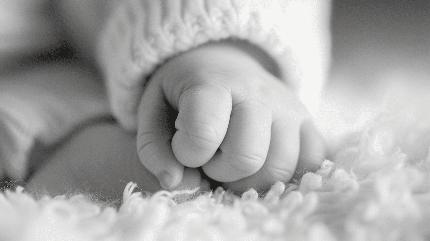 Der angeborene Greifreflex eines Neugeborenen, eine Nahaufnahme einer winzigen Hand, die sich instinktiv um den Finger eines Erwachsenen schließt, Weichzeichner auf die zarte Interaktion, Hervorhebung der Stärke und Präzision des Reflexes, Fotografie, realistischer fotografischer Stil mit einem Makroobjektiv und geringer Schärfentiefe