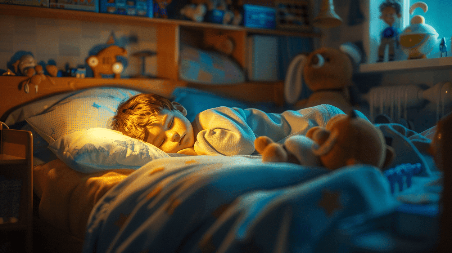 Ein Kind schläft friedlich allein in seinem Bett, ein sanftes Nachtlicht wirft zarte Schatten, ein gemütliches Zimmer voller Plüschtiere und Bilderbücher, die ruhige Atmosphäre einer stillen Nacht, Fotografie
