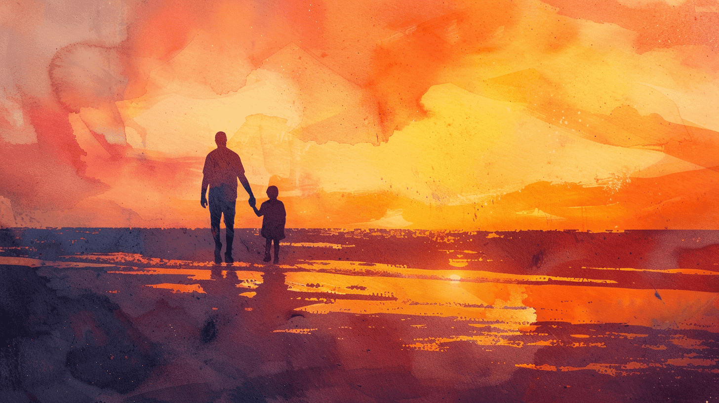 Ein Kind und ein Elternteil halten sich an den Händen, während sie am Sandstrand bei Sonnenuntergang entlanggehen. Der Himmel ist mit Orangen- und Pinktönen bemalt, die Stimmung ist ruhig und herzerwärmend und erfasst einen Moment der Bindung und Erkundung. Kunstwerk, Aquarell auf strukturiertem Papier.