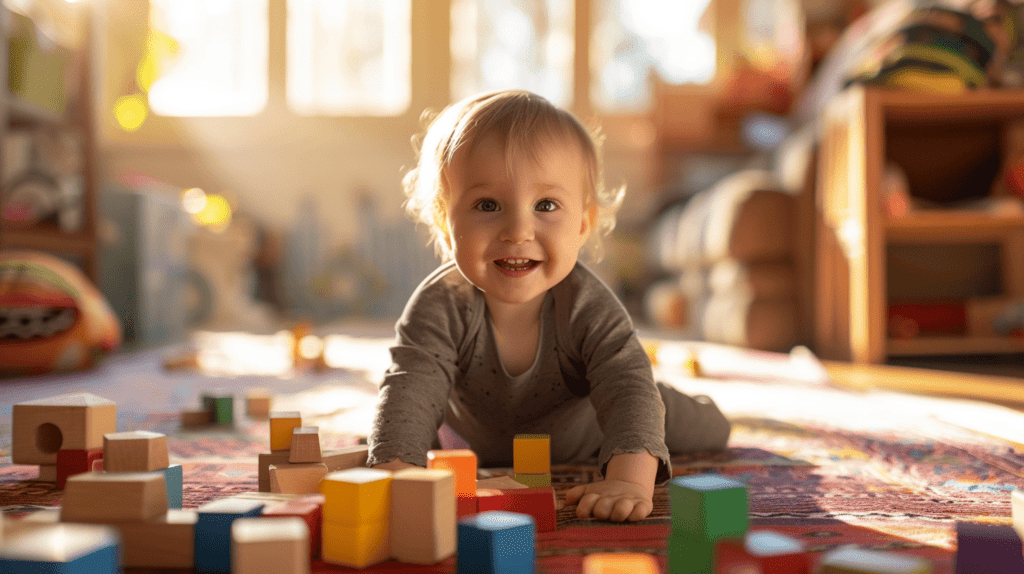 Ein fröhliches Kleinkind, das mit bunten Holzklötzen spielt, umgeben von einer Vielzahl von Formen und Größen, ein sonnenbeschienenes Zimmer voller Lachen und Kreativität, das die Essenz des spielerischen Lernens einfängt, Fotografie, DSLR-Kamera mit einem 50-mm-Objektiv