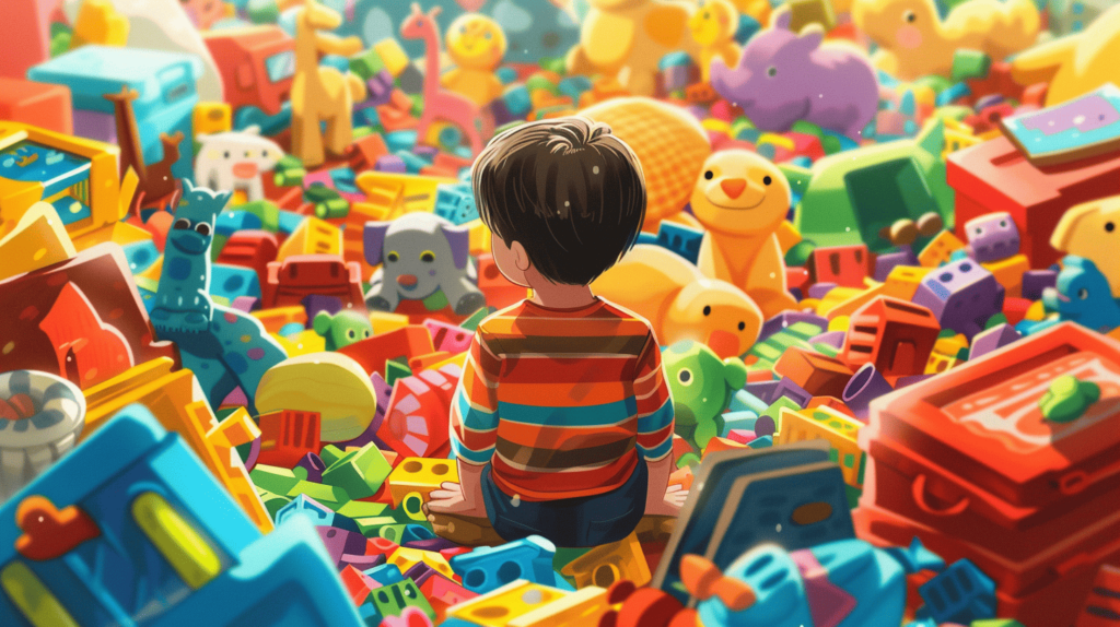 Ein Kind sitzt inmitten einer riesigen Auswahl an Spielsachen und kann sich nicht entscheiden, helle und bunte Spielsachen umgeben das Kind, ein Gefühl der Unentschlossenheit und Ablenkung, Illustration, digitale Kunst im Cartoon-Stil