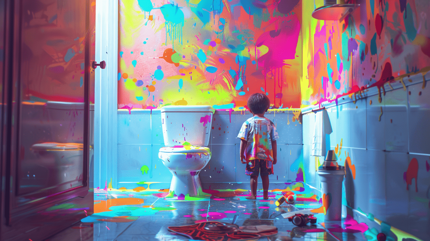 Ein Kind zeigt Interesse an der Toilette, ein farbenfrohes Badezimmer mit verspielten Dekorationen, der neugierige Blick des Kindes richtet sich auf die Toilette, eine Atmosphäre des Staunens und der Neugier liegt in der Luft, Illustration, digitale Kunst