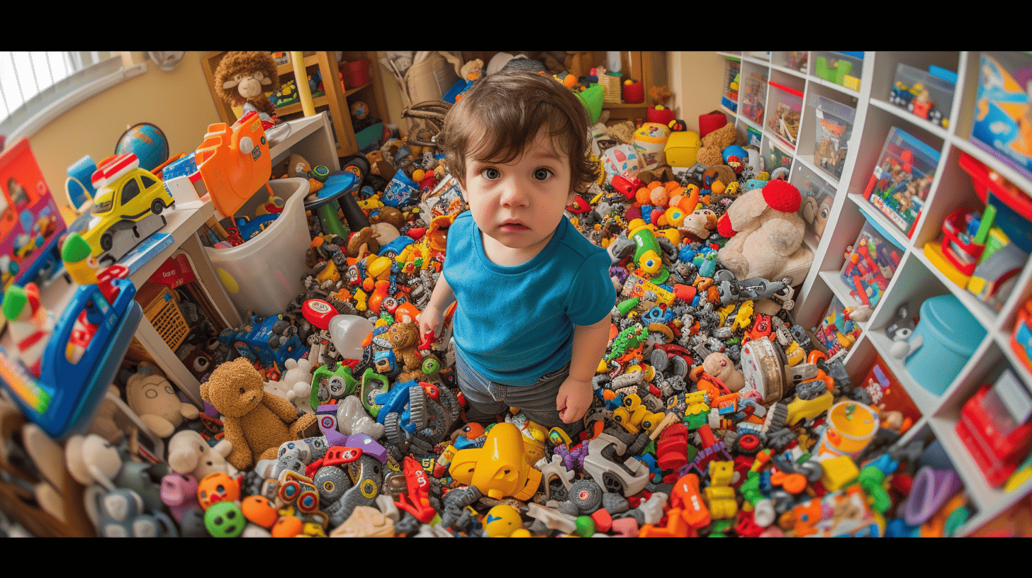 Ein Kind, das mit zu vielen Spielsachen überfordert ist, ein kleines Zimmer, das mit Spielsachen aller Größen und Farben vollgestopft ist, überall verstreute Spielsachen, die das Laufen erschweren, ein Gefühl von Chaos und Unschärfe, Fotografie, realistisches Foto mit einem Weitwinkelobjektiv,