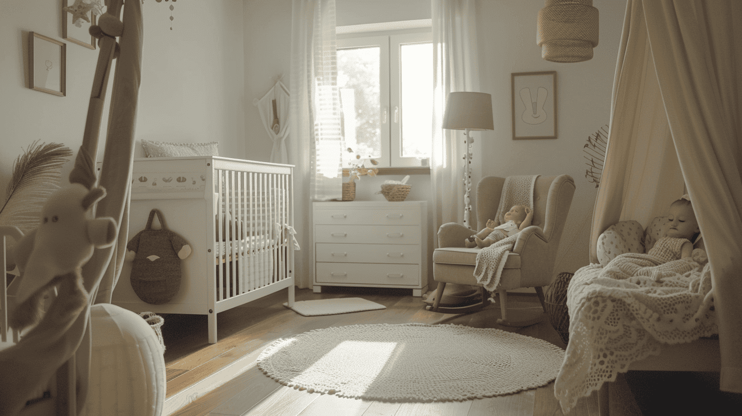 Ein liebevoll eingerichtetes Kinderzimmer im zweiten Trimester, sanfte Farben und sorgfältig ausgewählte Möbel, ein Raum voller Ruhe und Vorfreude, die werdende Mutter richtet liebevoll das Zimmer ein, Fotografie