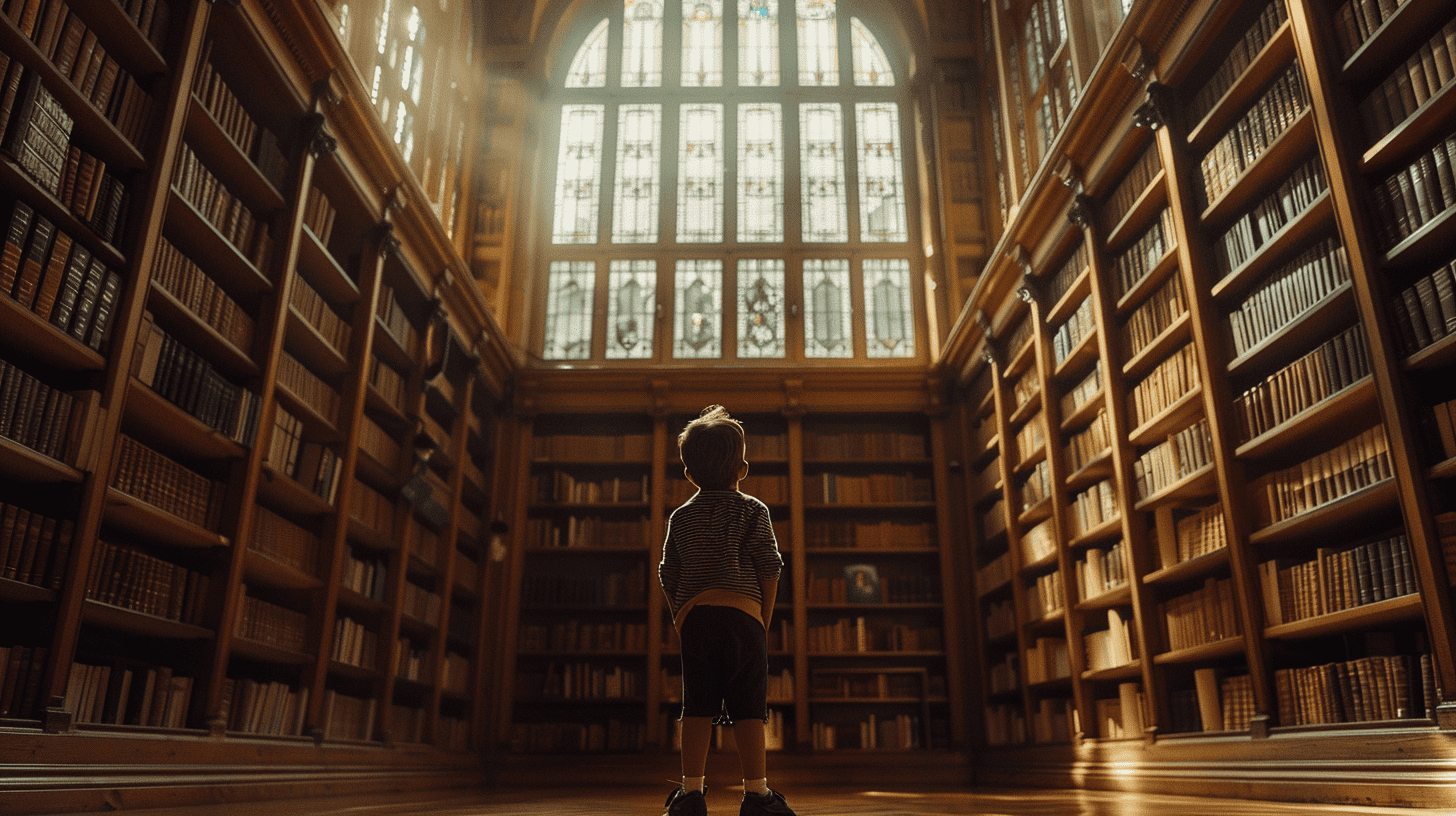 Ein kleines Kind steht in einer großen Bibliothek und schaut zu den Regalen voller Bücher auf, symbolisiert die endlose Suche nach Wissen durch Fragen, das warme, einladende Licht, das durch die Fenster filtert, beleuchtet die Szene, Fotografie, aufgenommen mit einer DSLR-Kamera mit einem 50mm-Objektiv.