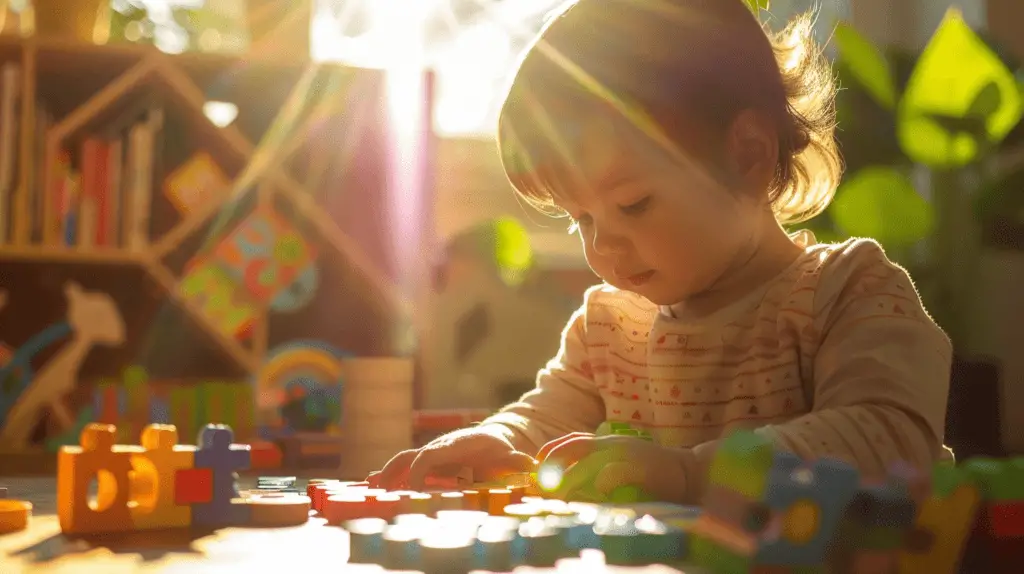 Ein Kind spielt mit Holzspielzeug in einem sonnendurchfluteten Raum, konzentriert auf ein buntes Holzpuzzle, während natürliches Licht durch das Fenster strömt und die Texturen der Holzspielzeuge hervorhebt. Ein Gefühl von Wärme, Freude und Neugier erfüllt den Raum. Fotografie aufgenommen mit einer Canon EOS 5D Mark IV, 50mm Objektiv.