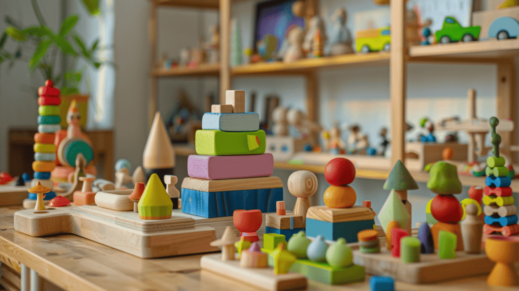 Eine bunte Spielwelt für autistische Kinder, strukturierte Spielzeuge und sensorische Hilfsmittel, ordentlich arrangiert, fördert Sicherheit und Kreativität, realistische Fotografie mit DSLR-Kamera und Makroobjektiv.