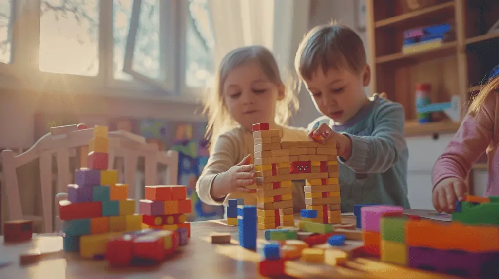 Kinder bauen einen bunten Turm und stellen Dominos auf in einem sonnendurchfluteten Zimmer voller Spielzeug und Bücher.