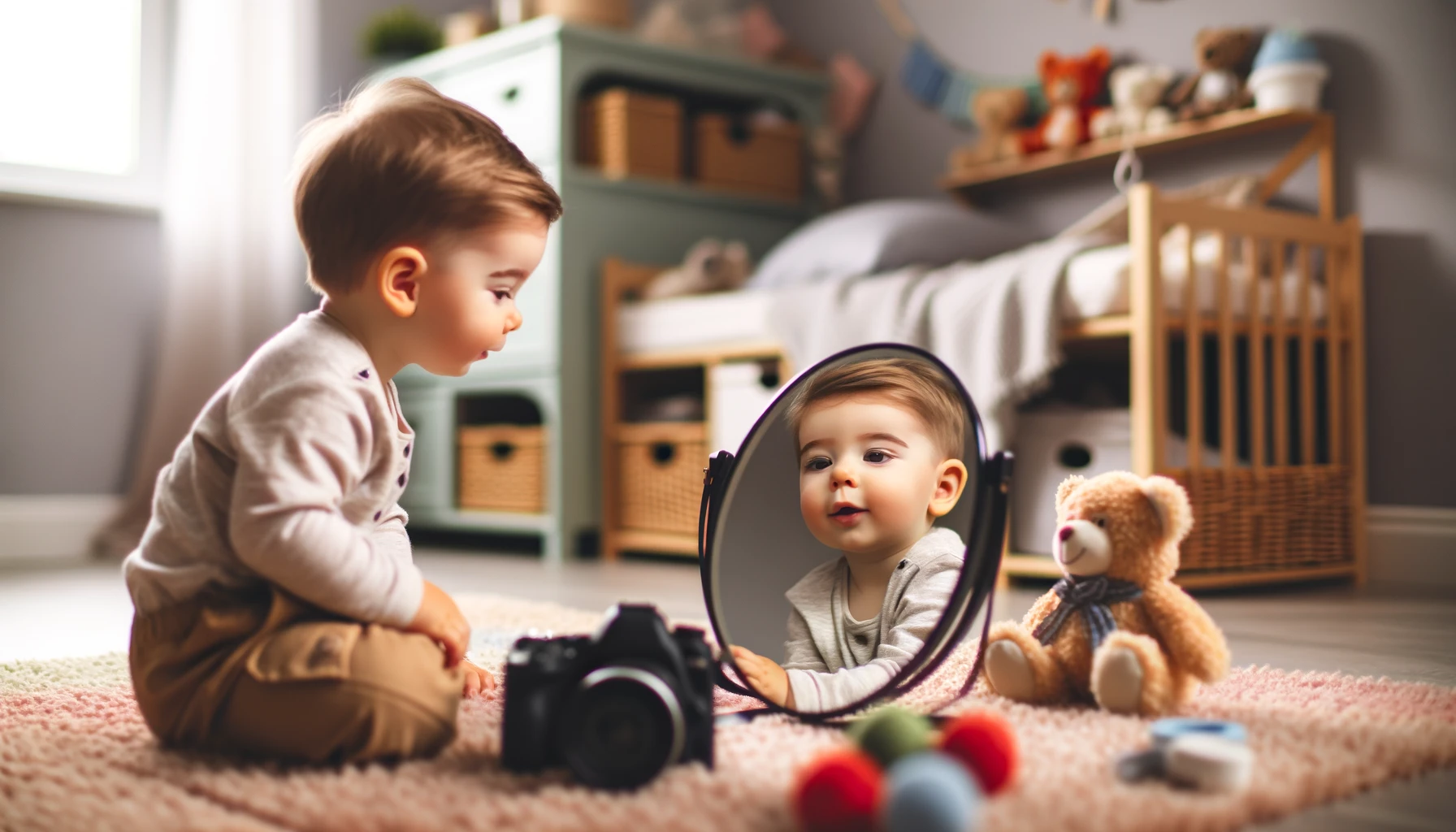 Ein junges Kind entdeckt zum ersten Mal sein Spiegelbild, das Gesicht erfüllt von Staunen und Neugier, ein gemütliches, gut beleuchtetes Kinderzimmer voller bunter Spielzeuge, 