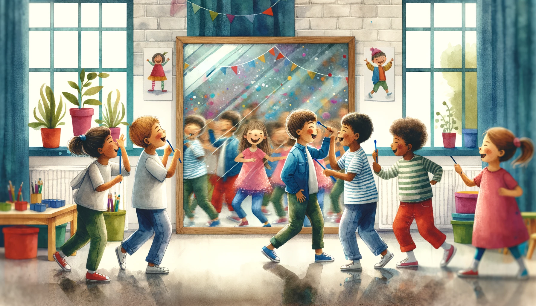 Kinder bei Spiegelspielen, Erkundung von Gesichtsausdrücken und Bewegungen, ein lebhafter Kindergartenraum mit einer Spiegelwand, erfüllt von Lachen und Interaktion, eine fröhliche und dynamische Umgebung, die soziale Fähigkeiten und Empathie fördert, Kunstwerk, Aquarellmalerei auf strukturiertem Papier, im 16:9 Format.