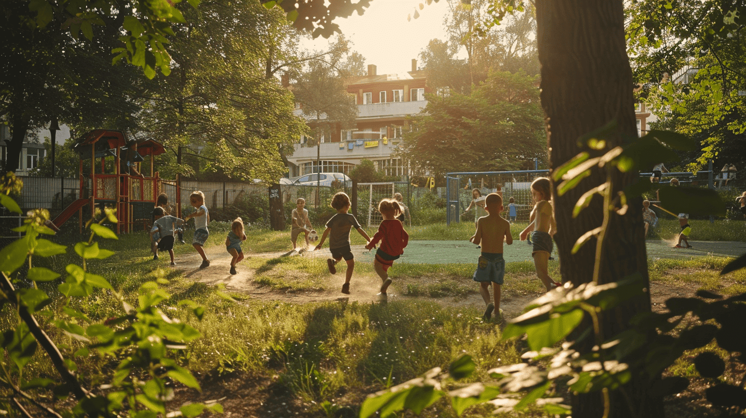 Eine nostalgische Szene zeigt einen belebten Spielplatz der 70er Jahre. Kinder spielen Fußball, fahren Bonanza-Räder und springen Seil in einem grünen Park. Die lebhafte Energie und Freude der Kinder beim Spielen im Freien, die einfache Freude an der Bewegung und das gemeinschaftliche Erleben werden deutlich. Lebhafte Farben und ein Gefühl von Freiheit und Abenteuer durchziehen die Szene.