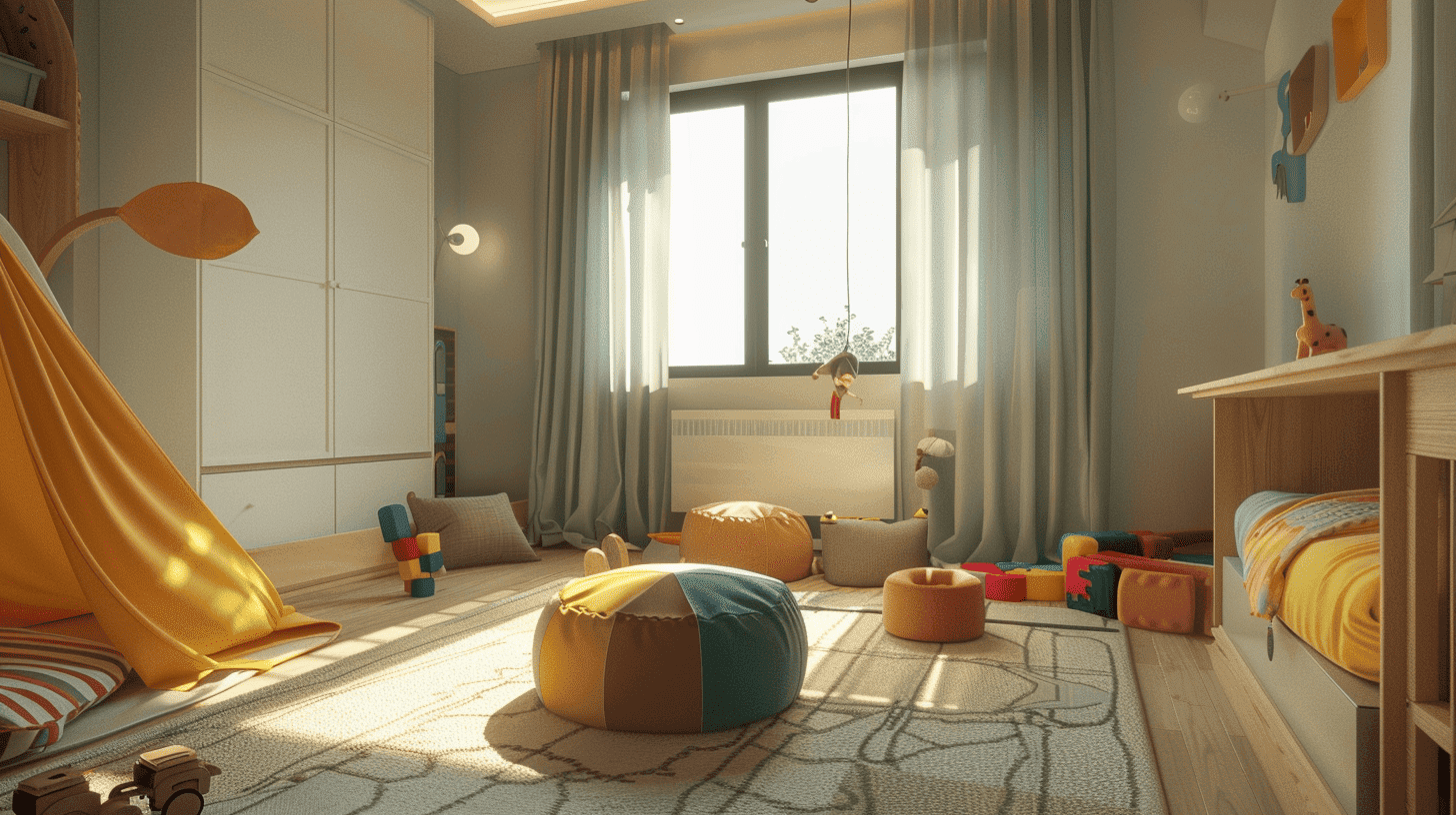 Ein ruhiger Raum für ein autistisches Kind, mit gedämpftem Licht, sanften Farben und speziellen Spielzeugen, die sensorische Bedürfnisse erfüllen. Die Inneneinrichtung zeigt optimale Raumaufteilung und Möbelauswahl.