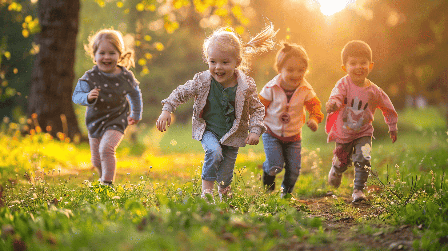 Schlaf und soziale Interaktion: Grundlagen für Gesundheit und Entwicklung, Kinder, die in einem sonnigen Park miteinander spielen, umgeben von Natur und Lachen, betont die Bedeutung von Freundschaften und aktiven sozialen Interaktionen. Die Atmosphäre soll fröhlich und lebendig sein, mit einem Fokus auf die Dynamik der Gruppe und die Bedeutung von Gemeinschaft. 