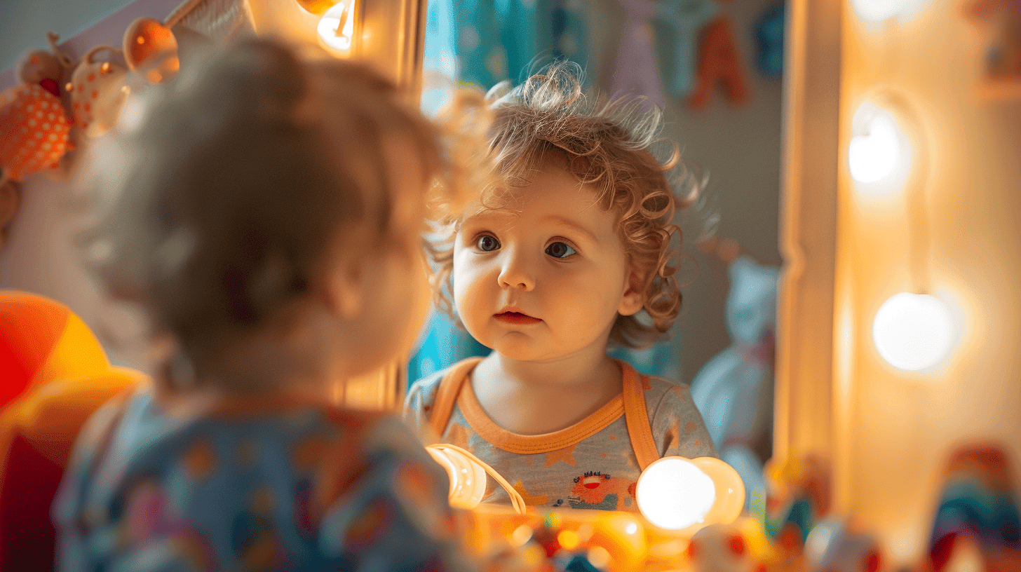 Ein junges Kind entdeckt zum ersten Mal sein Spiegelbild, das Gesicht des Kindes leuchtet vor Staunen und Neugierde, ein gemütliches, gut beleuchtetes Kinderzimmer voller bunter Spielsachen, eine weiche, warme Atmosphäre vermittelt Unschuld und Entdeckung