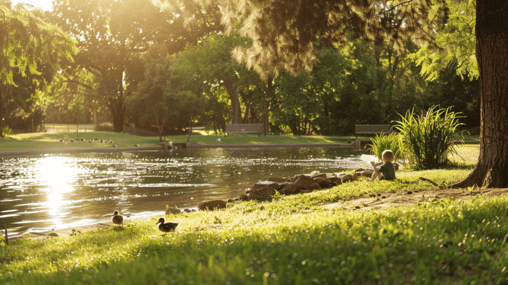 Ein ruhiger Park mit einem spielenden Kleinkind in der Nähe eines ruhigen Teiches, üppigem Grün und ein paar Enten herum, sonniger Tag mit leichten Brisen, die eine friedliche Atmosphäre schaffen, das Kleinkind ist in sanftem Spiel engagiert und erkundet die Natur, Fotografie,