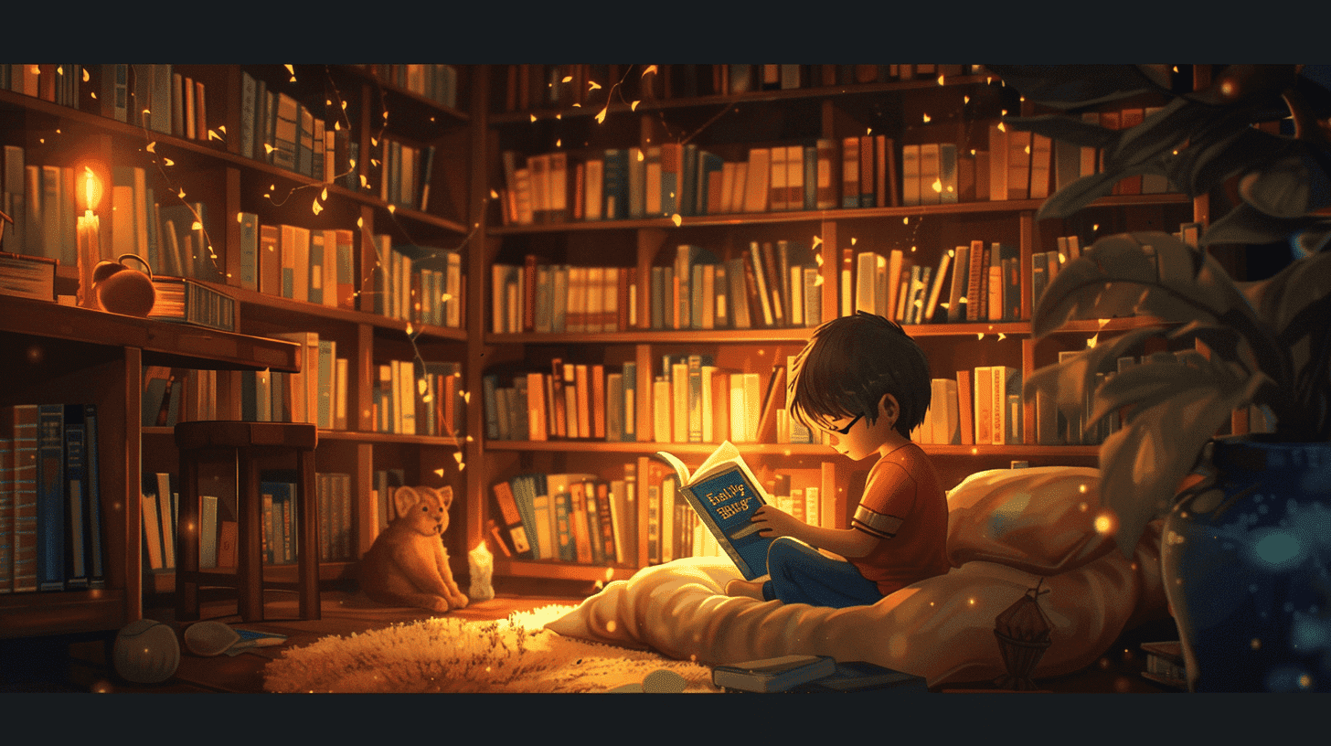 Ein Kind liest in einer gemütlichen Bibliotheksecke über Emotionen, umgeben von Büchern und sanftem Licht, konzentriert auf die Neugier des Kindes und die friedliche Bibliotheksatmosphäre. Kunstwerk, digitales Gemälde.