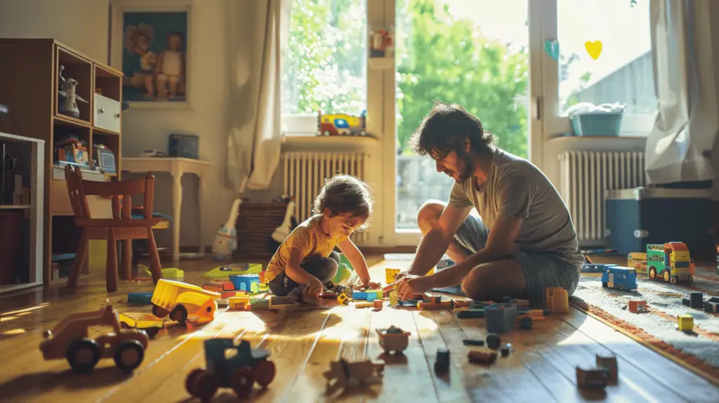 Ein Kind und ein Elternteil sortieren Spielzeug in einem hellen, geräumigen Wohnzimmer. Spielzeug liegt überall verstreut, eine Atmosphäre von Bindung und Entscheidungsfindung liegt in der Luft, Gefühle von Nostalgie und Verbundenheit sind offensichtlich. Fotografie, hochauflösende digitale Fotografie mit einem 50mm Objektiv.