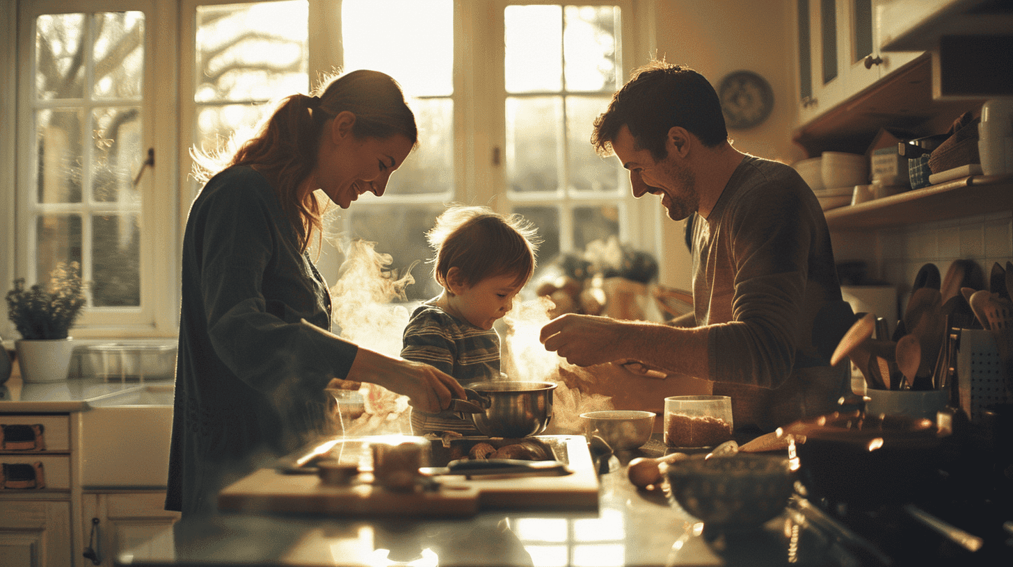 Ein warmes und einladendes Zuhause, in dem Eltern einem Kind das Kochen beibringen. Die Küche ist gut beleuchtet und gemütlich, sanfter Dampf steigt aus einem Topf auf, Fokus auf dem Bindungs- und Lernprozess. Fotografie, aufgenommen mit einem Weichzeichner, um die Wärme zu verstärken.