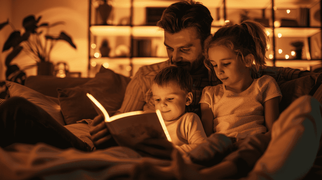 Eine friedliche Familienszene, Eltern lesen einem Kind in einem gemütlichen Wohnzimmer vor, das Kind hört aufmerksam zu, warme Beleuchtung und weiche Texturen vermitteln eine fördernde und unterstützende Atmosphäre, Fotografie