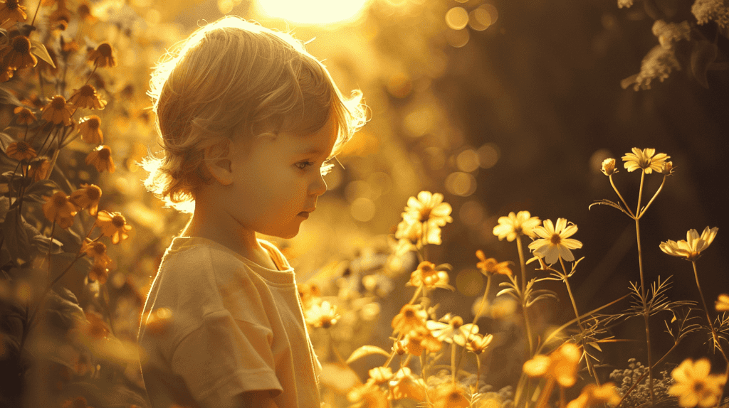 Ein nachdenkliches Kind in einem ruhigen Garten, das leise nachdenkt, umgeben von blühenden Blumen und sanftem Sonnenlicht, das die introspektive Stimmung des Kindes und die beruhigende Wirkung des Gartens einfängt, Fotografie, hochauflösende Digitalkamera mit einem 50-mm-Objektiv