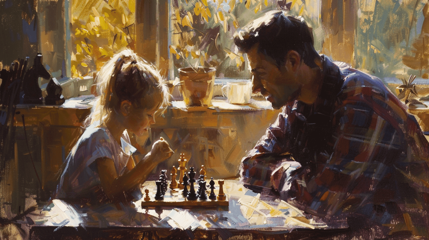 Ein Kind und ein Elternteil besprechen Gefühle während eines Schachspiels in einem sonnigen Wohnzimmer und betonen dabei ihre Kommunikation und die warme, unterstützende Umgebung, Ölgemälde, Öl auf Leinwand.