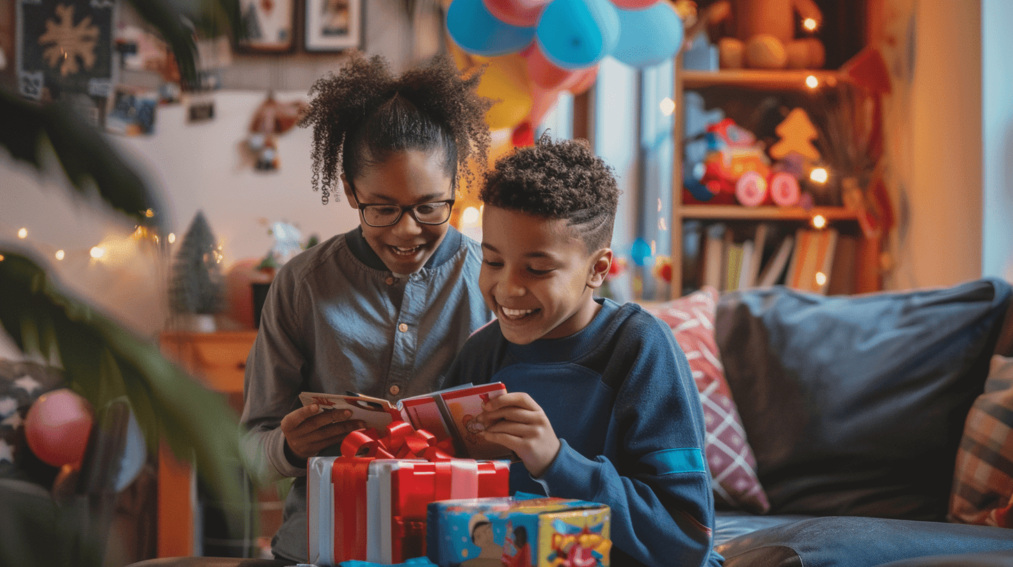 Ältere Geschwister öffnen kleine, durchdachte Geschenke wie Bücher und Spiele in einem gemütlichen Wohnzimmer mit fröhlicher und feierlicher Atmosphäre, Dekorationen und Luftballons, wobei der Fokus auf ihren aufgeregten Ausdrücken und dem gemeinsamen Moment liegt. Fotografie, DSLR-Kamera mit Weitwinkelobjektiv.





