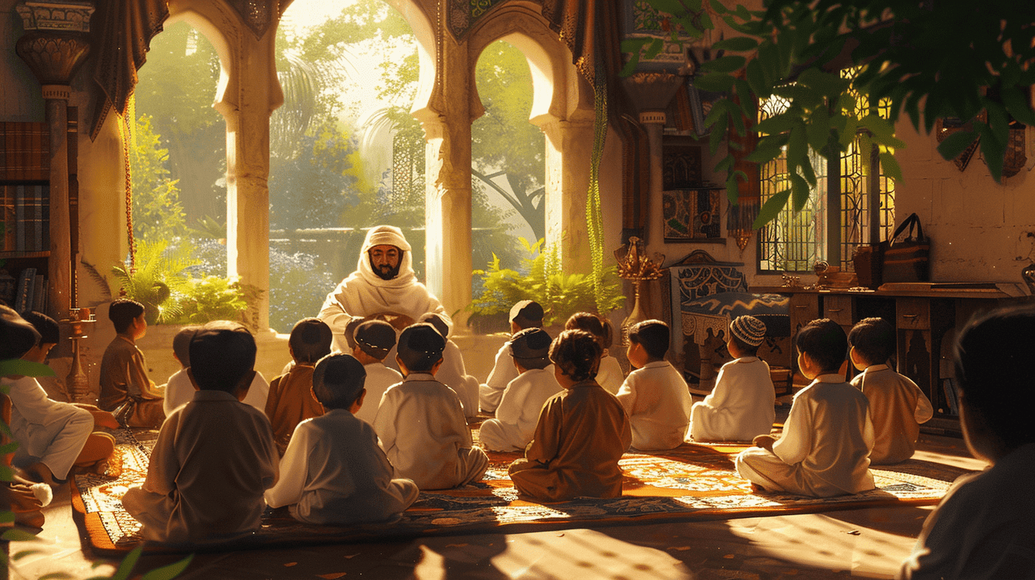 Eine traditionelle islamische Lernumgebung, in der junge Kinder Quranverse von einem Älteren lernen. Früherziehungssetting mit islamischen Motiven, warmes Licht wirft sanfte Schatten und betont eine förderliche und respektvolle Lernumgebung. Illustration, detailliertes digitales Gemälde.