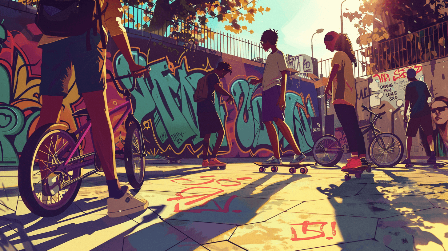 Eine Gruppe Teenager in einem lebhaften städtischen Park, Graffiti-Wände, Skateboards und Fahrräder in Gebrauch, spätnachmittags mit dynamischen Schatten, betonen die Lebendigkeit und Unruhe der Jugend, Illustration, digitaler Grafikstil.
