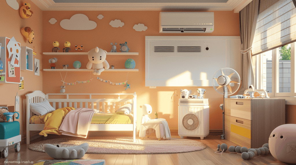 Ein Kinderzimmer mit Klimaanlage und Ventilator, zeigt Unterschiede in Technologie und Design, Wände mit sichtbaren Isolierschichten, warme und technische Atmosphäre, Illustration, digitale Darstellung.