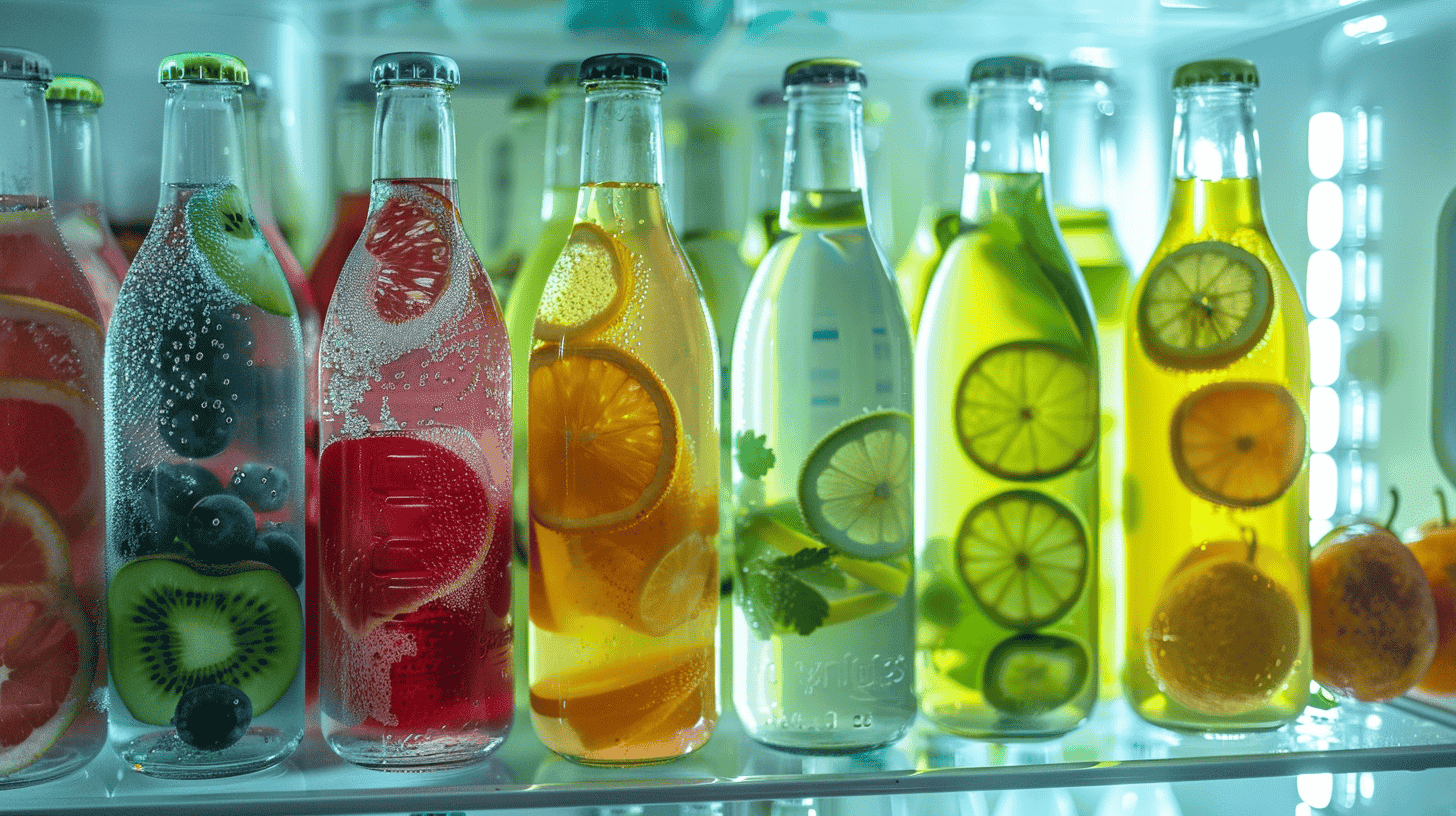 Eine offene Kühlschranktür zeigt Regale, die mit farbenfrohen Flaschen mit Frucht- und Kräutertees sowie typischen zuckerhaltigen Getränken gefüllt sind, wobei der Kontrast betont wird, eine leichte und erfrischende Küchenatmosphäre. 