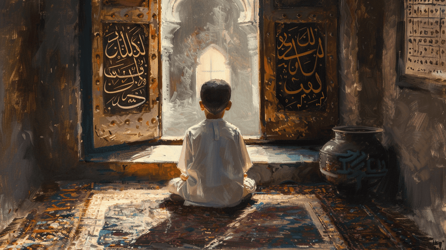 Ein Kind hört respektvoll seinem Elternteil in einem traditionellen islamischen Zuhause zu, was die Bedeutung von Respekt und Gehorsam zeigt. Eine heimelige Umgebung mit islamischer Kalligrafie, warmen Farbtönen und der respektvollen Haltung des Kindes. Kunstwerk, Ölgemälde auf Leinwand.