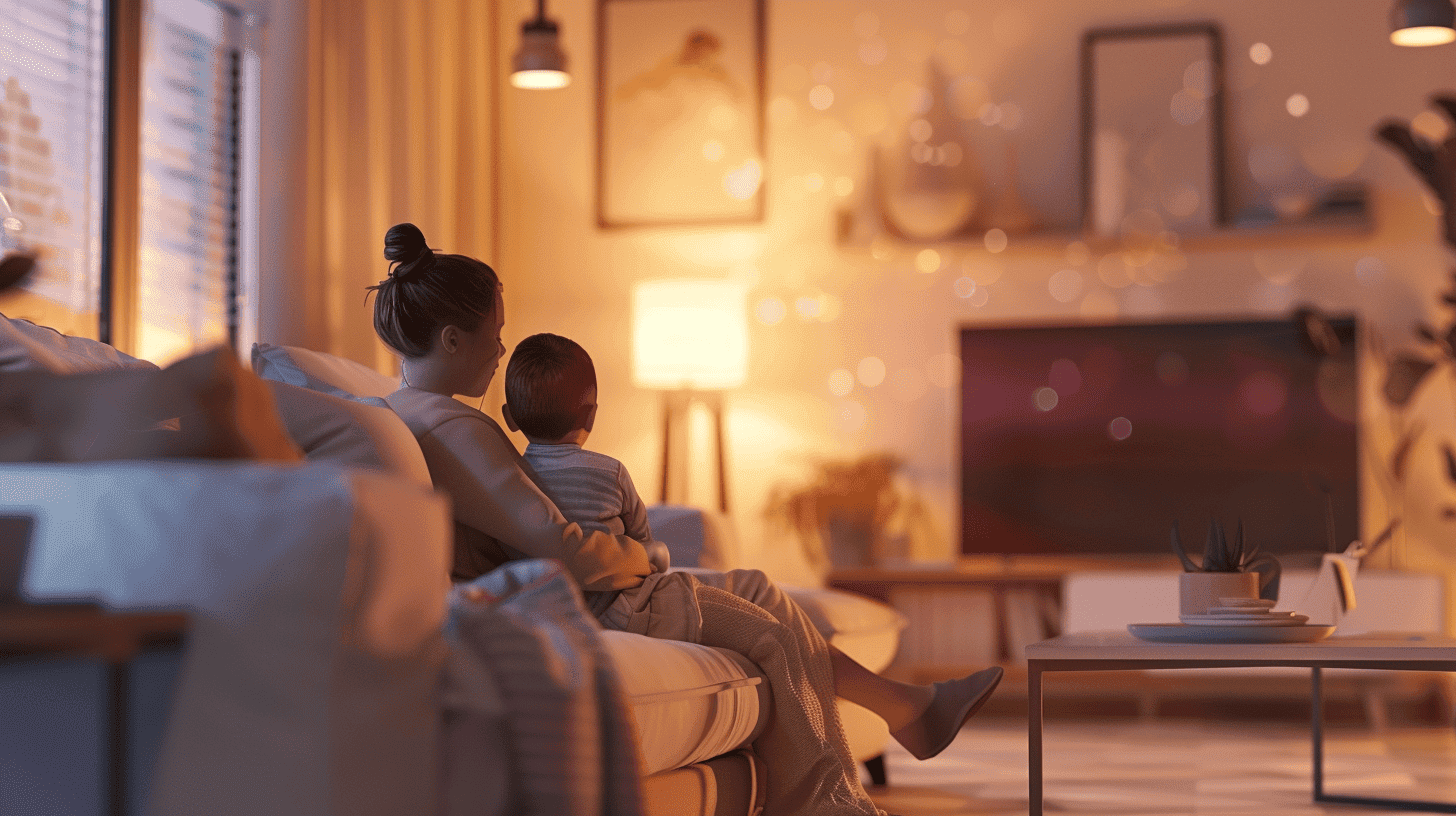Eine Elternfigur lehrt ein Kind über emotionale Regulation in einem modernen Wohnzimmer mit weichem Abendlicht, Fokus auf sanfte Lehren und Lernausdrücke.