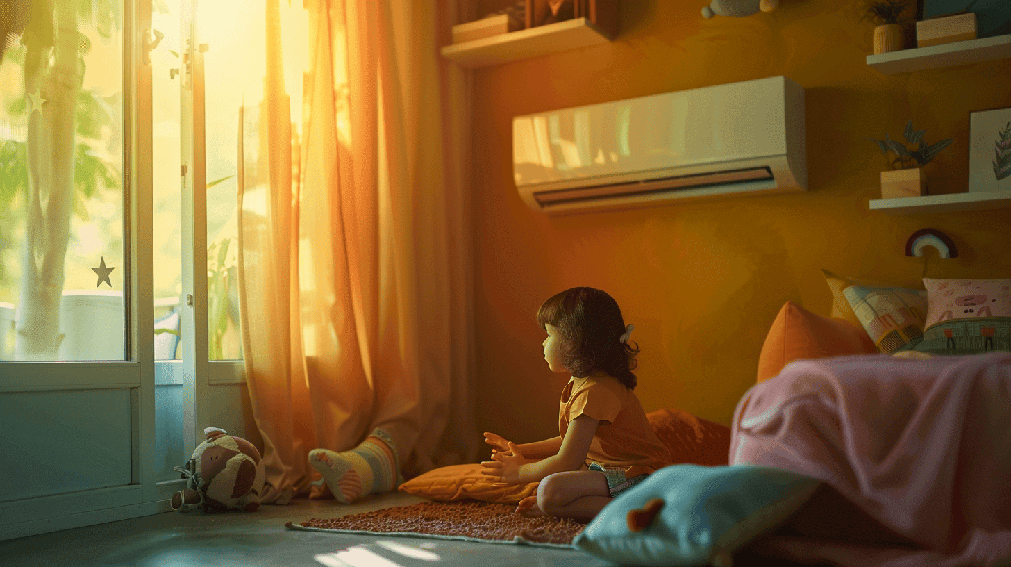 Ein modernes Klimagerät in einem lebendigen Kinderzimmer installiert, zeigt ein Kind, das bequem spielt, während sanftes Licht durch das Fenster filtert, ruhige und kühle Atmosphäre