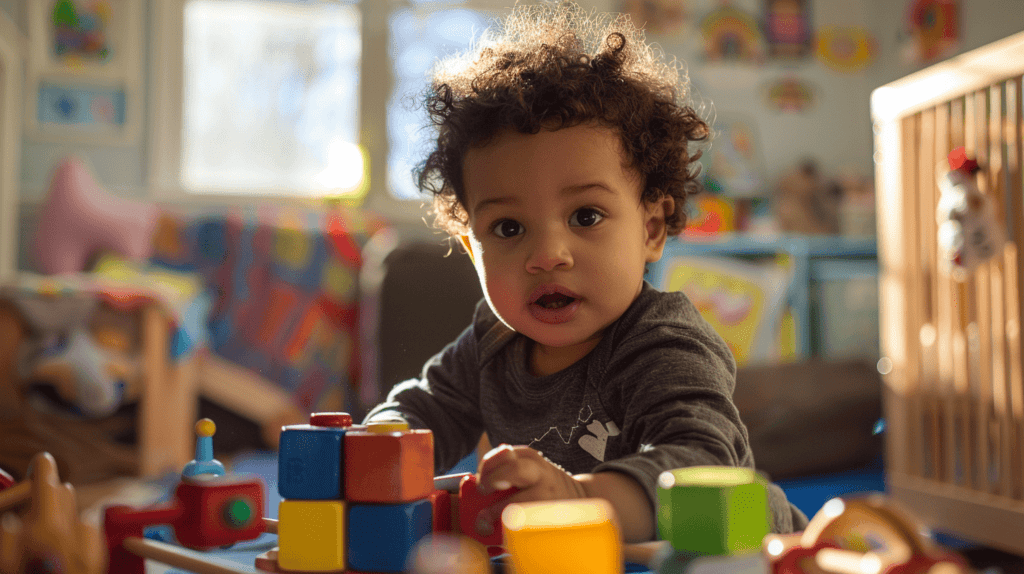Ein junger Kleinkind spielt freudig mit Holzspielzeug, detaillierten Holzblöcken und einem Ziehspielzeug in einem hellen Spielzimmer, weiches Sonnenlicht durch ein Fenster filternd, das ein Gefühl von Staunen und Freude am Lernen einfängt, Fotografie, DSLR-Kamera mit einem 50-mm-Objektiv.