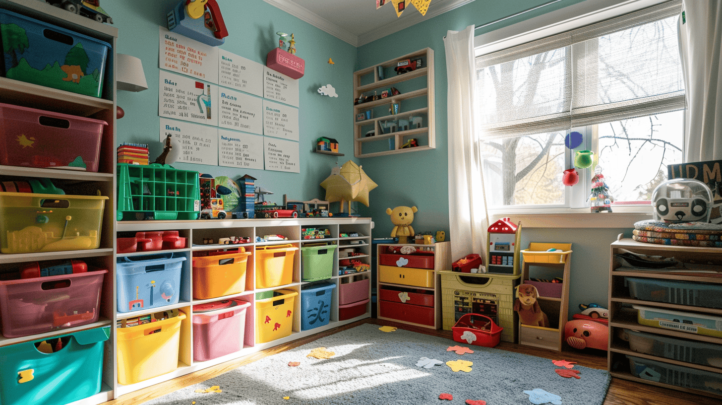 Eine ordentlich organisierte Kinderzimmer mit mehreren Spielzeugkisten, jede mit verschiedenen Daten für die Rotation beschriftet, das Zimmer ist bunt und einladend, und schafft so eine spielerische, aber strukturierte Umgebung. Kunstwerk, Aquarell auf strukturiertem Papier.