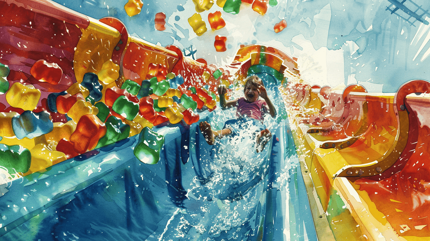 Eine fantasievolle Szene, in der ein Kind spielerisch Schlucktechniken mit Gummibären übt, die auf einer bunten Wasserrutsche hinunterschlittert. Freude und lebendige Atmosphäre. Illustration, Aquarell auf Papier.
