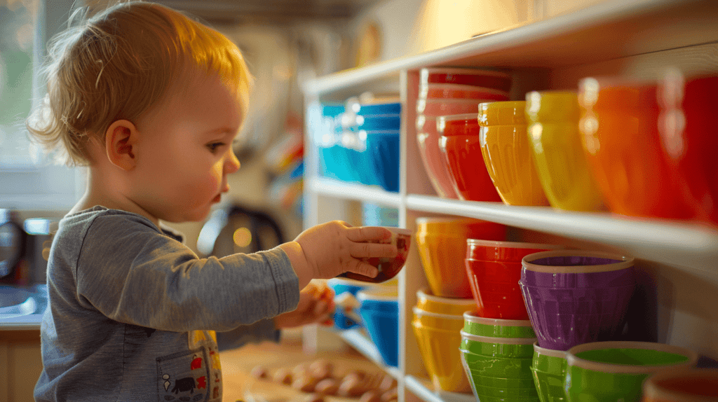 Ein kleines Kind wählt eine bunte Tasse von einem Regal, lebendige Tassen für kleine Hände, in einer hellen und freundlichen Küche platziert, Gefühle von Aufregung und Neugierde bei der Erkundung des Kindes