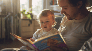 Eine sanfte Szene von einem Elternteil und einem Kind in einem gemütlichen Wohnzimmer, der Elternteil zeigt auf ein buntes Buch und bringt dem kleinen Kleinkind Wörter bei, weiches Sonnenlicht filtert durch das Fenster
