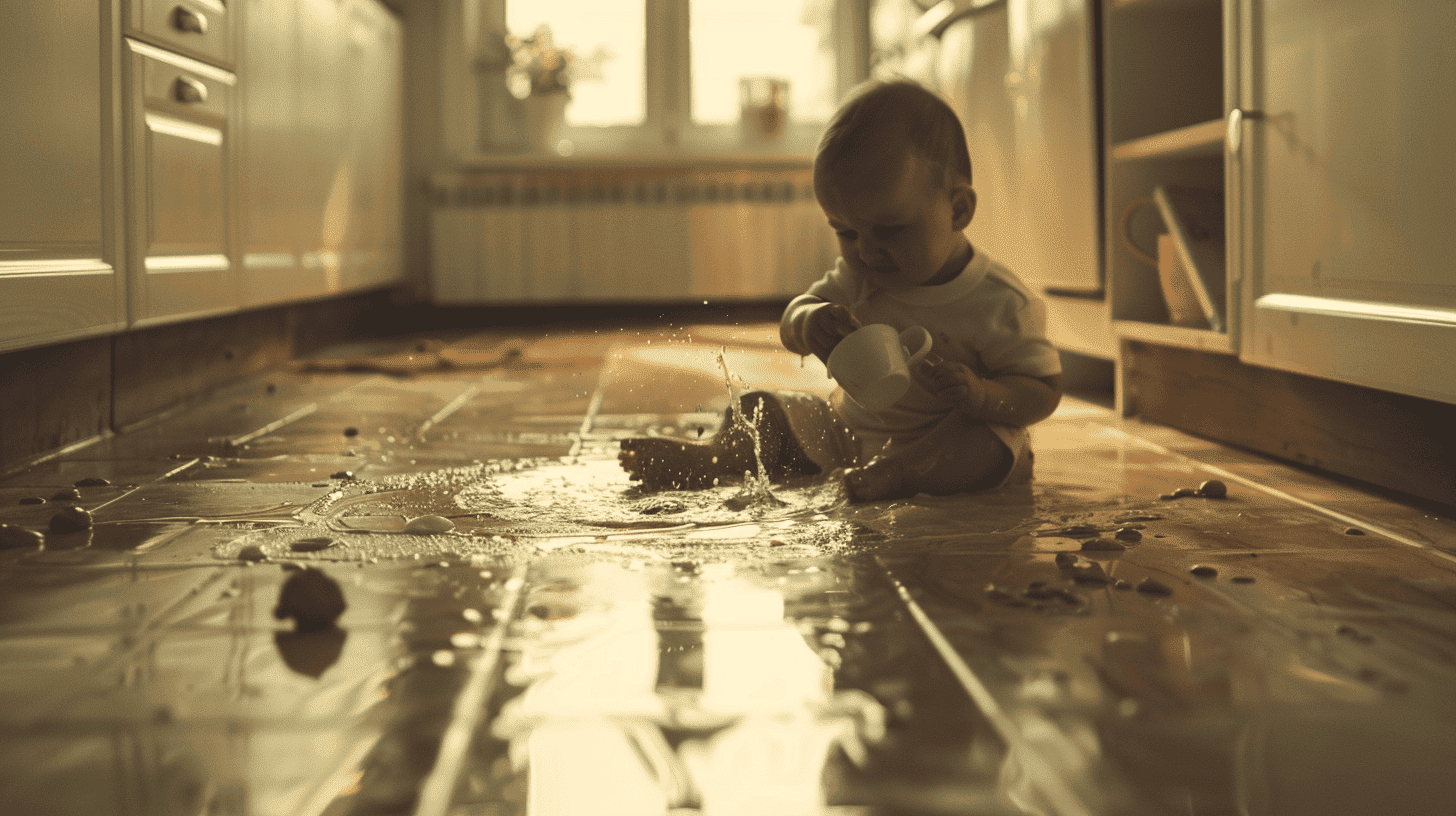 Umgang mit Verschüttungen in Ruhe, ein Kleinkind kippt eine Tasse um, Wasser läuft auf den sauberen Küchenboden, eine friedliche und vergebende Umgebung, Stimmung von Geduld und Lernen, Skulptur, Tonmodell